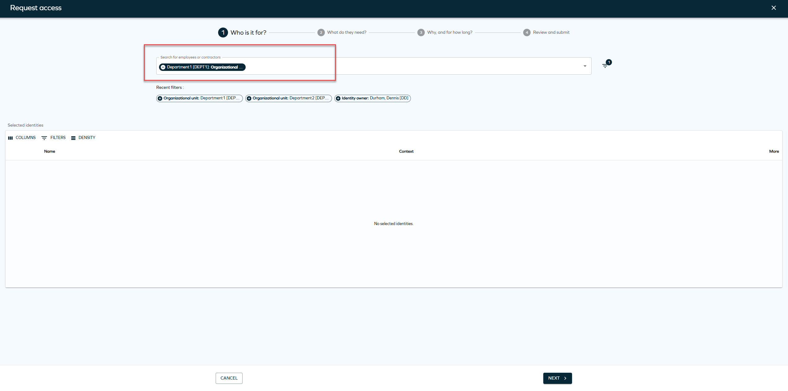 Access request page with customer setting AccessRequestIdentitiesPropertyFilters configured.